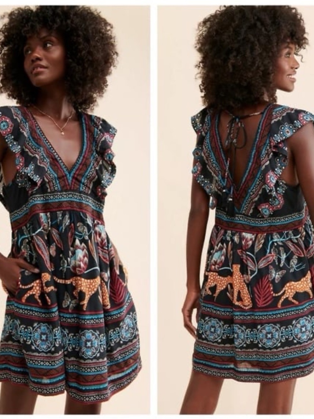 Anthropologie V-Neck Plunge Tunic Leopard-Accent Mini Dress XS